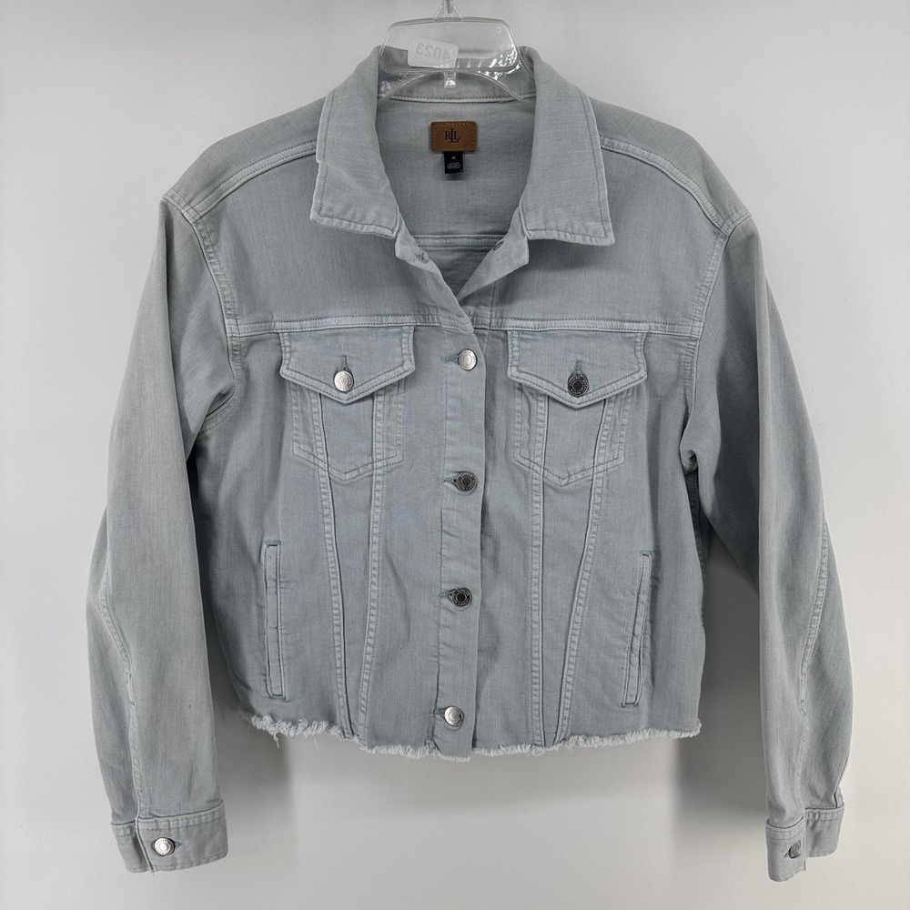 Lauren Ralph Lauren Jacket Womens Medium Gray Denim Cropped Raw Hem Button Front